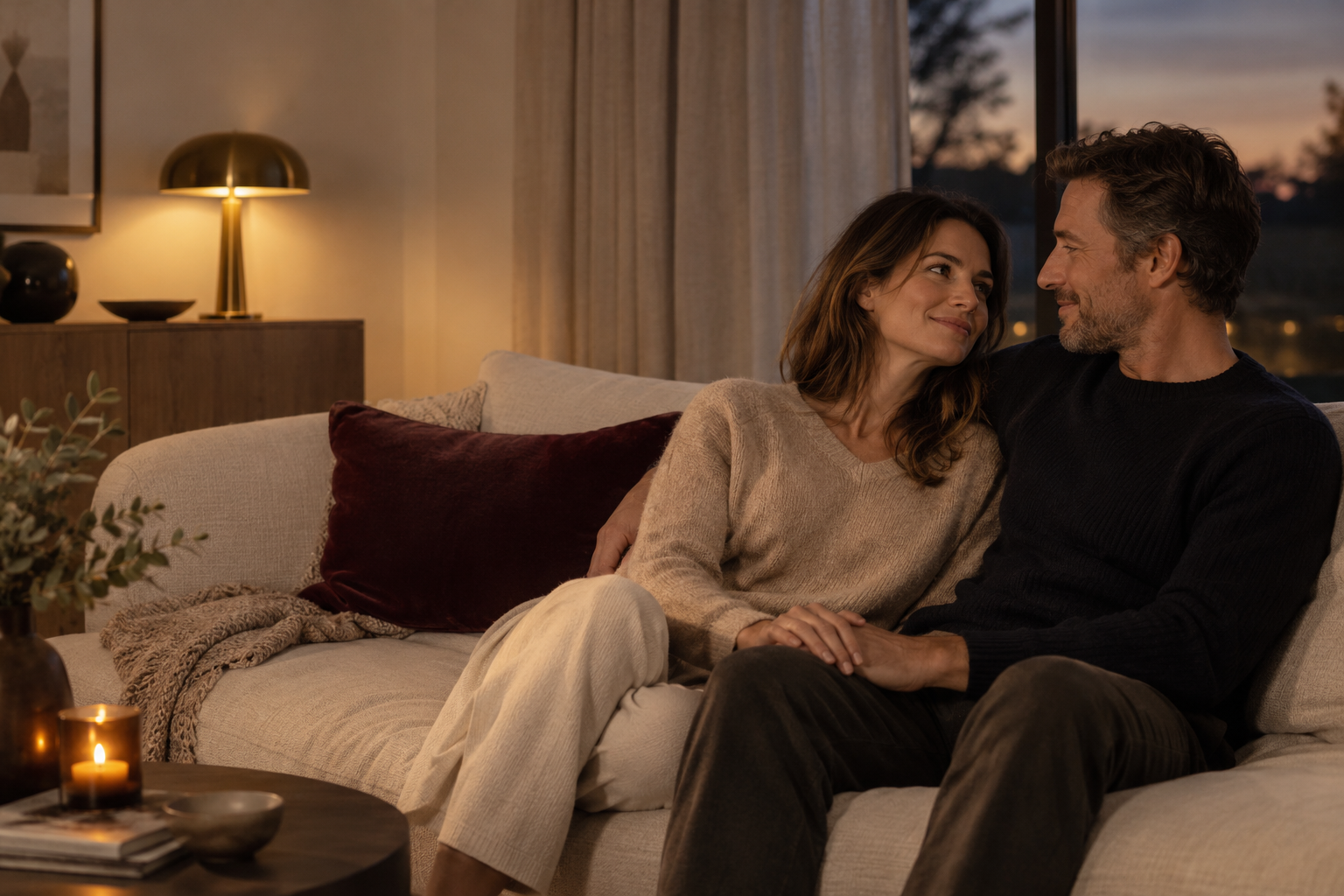 Illustrative scene of an adult couple sharing a quiet evening at home
